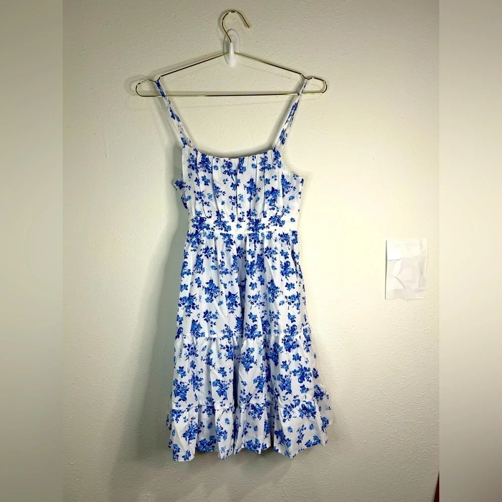 SHEIN Girls 11-12 Blue & White Floral Sundress Tiered Ruffle Skirt, Cottagecore